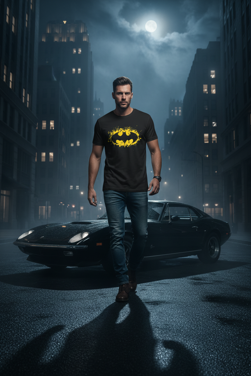 Streetwear model wearing the Batman T-shirt beside a vintage car at night