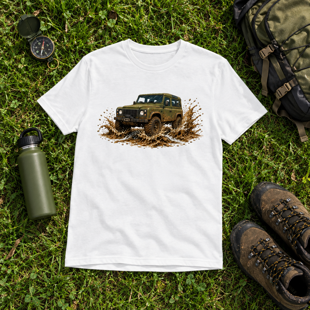 T-shirt laid on green grass with hiking accessories around it