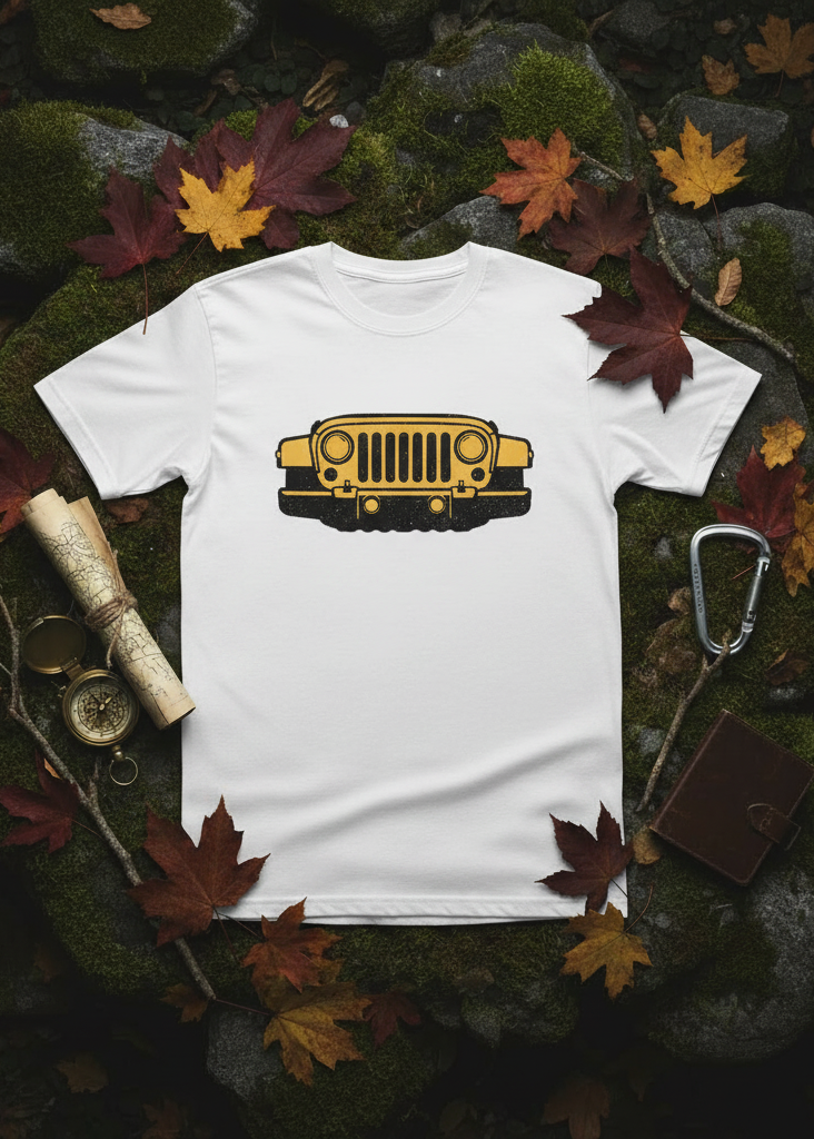 White Jeep Tee Flat Lay