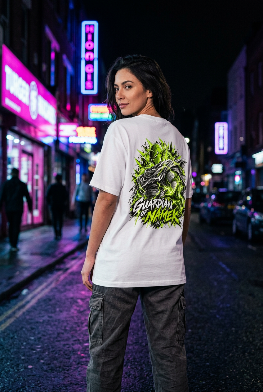Woman, back view with dark neon street background