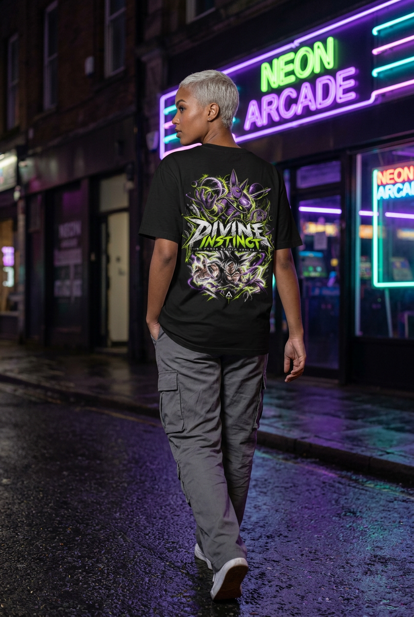 Woman outside neon arcade, back design