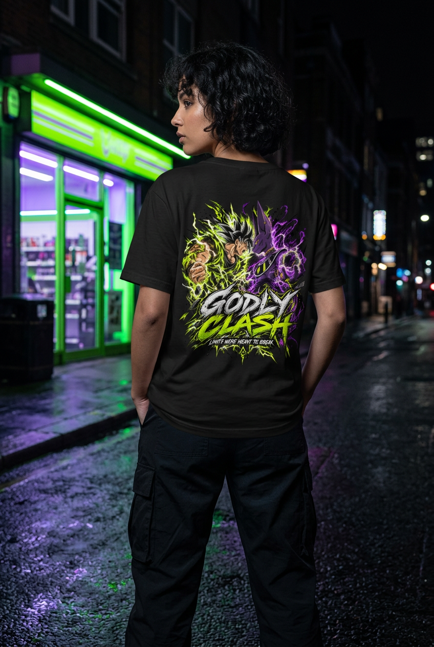Woman standing, back design in neon street